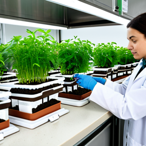 Home 11 A professional environmental scientist, a woman in a modest lab coat over appropriate attire, meticulously testing soil and water samples at a clean, well-lit urban farming research station. Various beakers, test tubes, pH strips, and digital meters are visible on a countertop next to thriving potted plants. The background shows an organized, modern laboratory setting with green accents. The overall image conveys precision and scientific rigor, emphasizing safety and purity in urban agriculture. perfect anatomy, correct proportions, well-formed hands, natural pose, fully clothed, appropriate attire, professional dress, safe for work, appropriate content, professional photography, high quality, family-friendly.