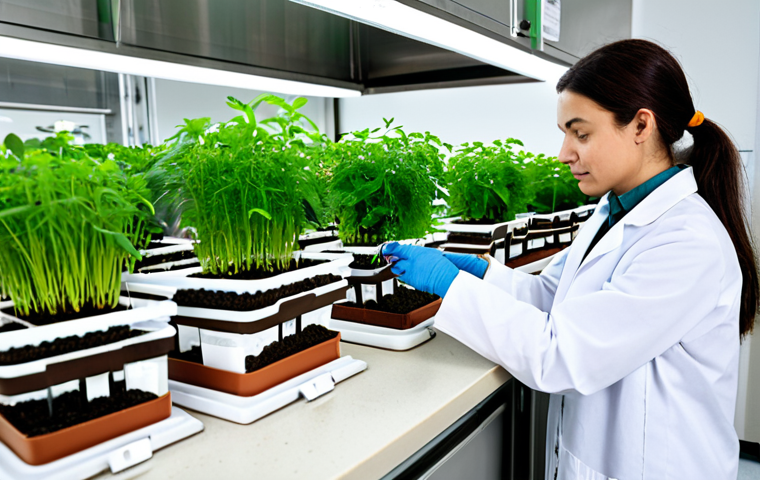 A professional environmental scientist, a woman in a modest lab coat over appropriate attire, meticulously testing soil and water samples at a clean, well-lit urban farming research station. Various beakers, test tubes, pH strips, and digital meters are visible on a countertop next to thriving potted plants. The background shows an organized, modern laboratory setting with green accents. The overall image conveys precision and scientific rigor, emphasizing safety and purity in urban agriculture. perfect anatomy, correct proportions, well-formed hands, natural pose, fully clothed, appropriate attire, professional dress, safe for work, appropriate content, professional photography, high quality, family-friendly.