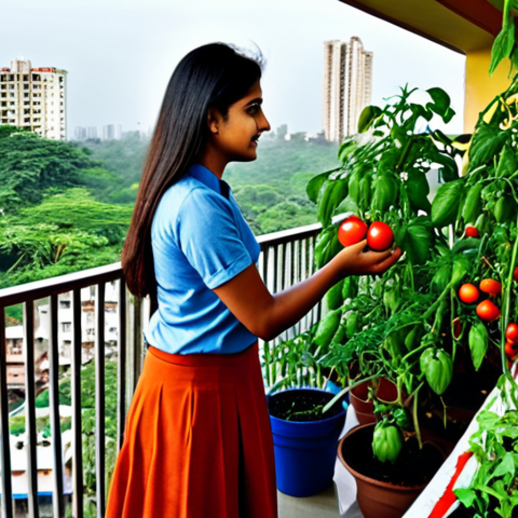 도시농업 도시공간과의 융합 - A vibrant balcony garden in a Mumbai apartment, fully clothed woman tending to tomato plants in pots...