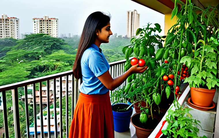 도시농업 도시공간과의 융합 - A vibrant balcony garden in a Mumbai apartment, fully clothed woman tending to tomato plants in pots...