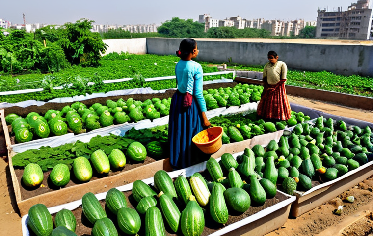 도시농업 도시공간과의 융합 - A vibrant balcony garden in a Mumbai apartment, fully clothed woman tending to tomato plants in pots...