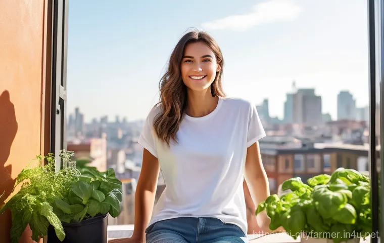 도시농업 환기 시스템 - **Prompt: A serene and vibrant urban balcony garden, basking in natural light and fresh air. A young...