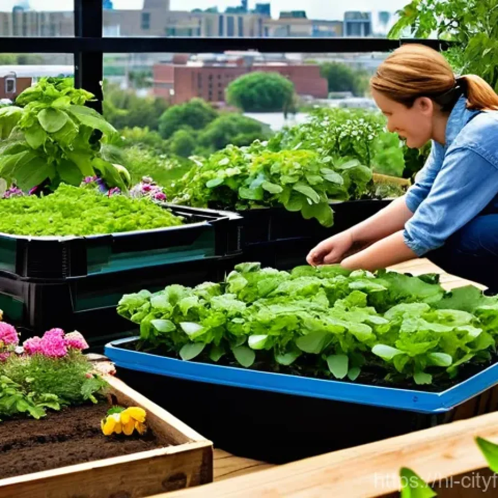 도시농업의 환경적 이점 - **"A vibrant and bustling community rooftop garden bathed in warm, soft sunlight. Diverse individual...
