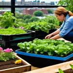 도시농업의 환경적 이점 - **"A vibrant and bustling community rooftop garden bathed in warm, soft sunlight. Diverse individual...
