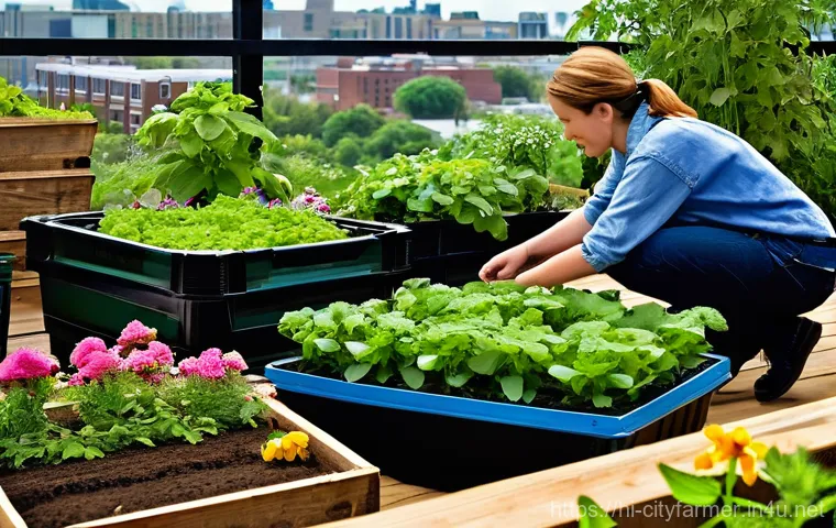 도시농업의 환경적 이점 - **"A vibrant and bustling community rooftop garden bathed in warm, soft sunlight. Diverse individual...