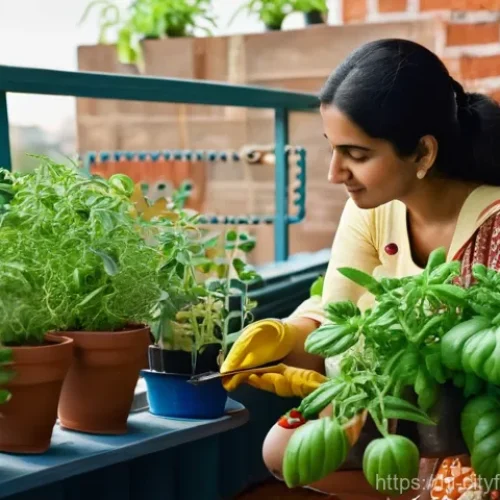 도시농업을 위한 양분 분석 - **Prompt:** A vibrant, sun-drenched urban balcony garden where a cheerful Indian woman in her early ...