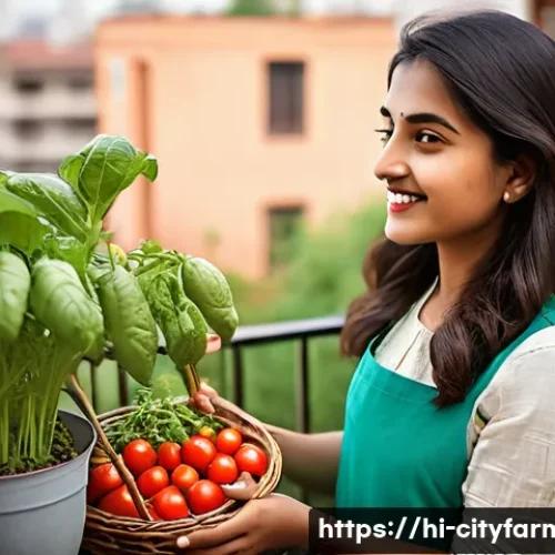 도시농업 경제적 이점 - **Prompt 1: Balcony Garden Harvest**
    "A joyful young Indian woman in comfortable, modest casual ...