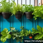 도시농업 브랜드 만들기 - A vibrant urban vertical garden setup on a small balcony in an Indian city, featuring lush tomato, c...