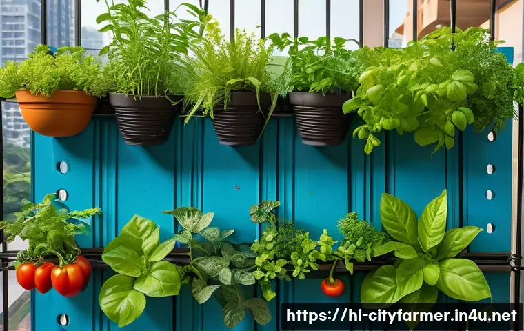 도시농업 브랜드 만들기 - A vibrant urban vertical garden setup on a small balcony in an Indian city, featuring lush tomato, c...