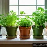 도시농업 아파트 내 실내 텃밭 만들기 - A bright indoor balcony garden scene in an Indian home with a variety of fresh vegetable plants such...