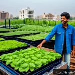 도시농업 자원 봉사 프로그램 - A vibrant urban rooftop garden in a busy Indian city, showcasing vertical farming structures with mu...
