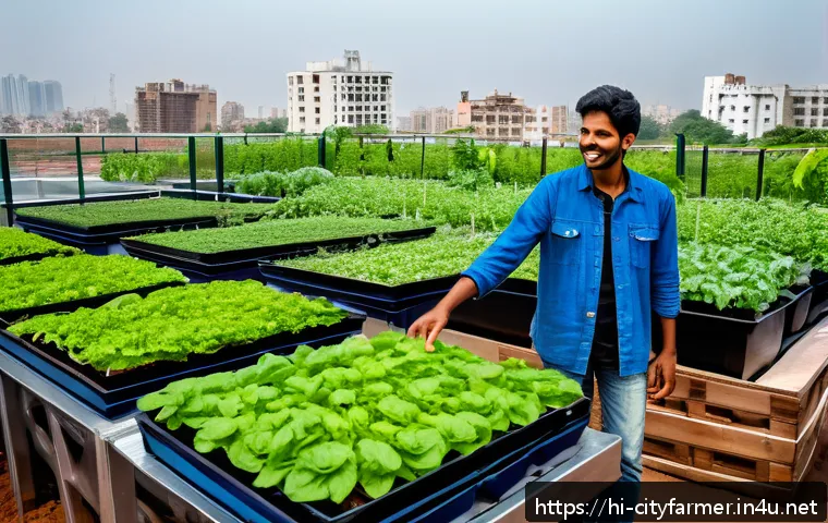 도시농업 자원 봉사 프로그램 - A vibrant urban rooftop garden in a busy Indian city, showcasing vertical farming structures with mu...