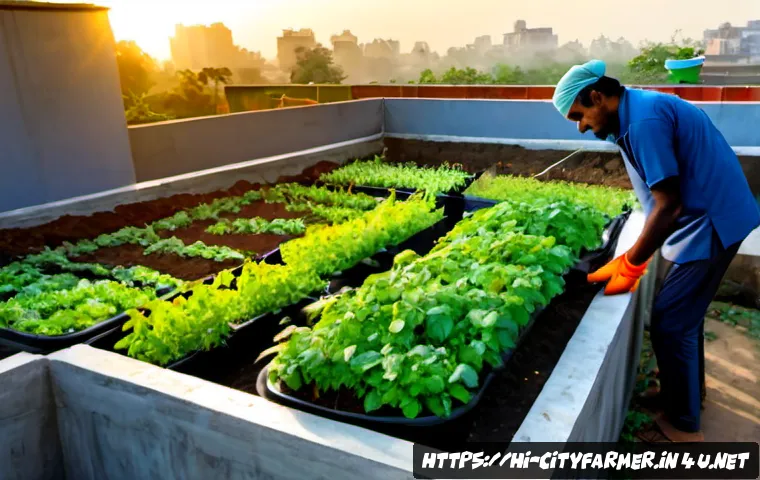 Home 17 도시농업 화장실에서 나오는 유기물 재활용 - Photorealistic urban rooftop garden in an Indian city, a clean sealed composting toilet system conne...