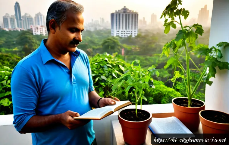 도시농업 관련 도서 추천 - Photorealistic cozy urban apartment balcony garden in India at golden morning light, a Hindi-speakin...