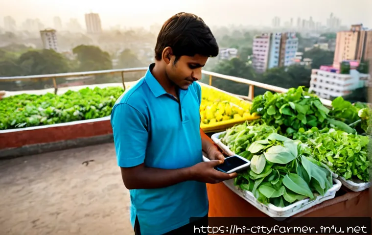 도시농업을 위한 마케팅 전략 - Photorealistic rooftop urban farm in an Indian city, a young Hindi-speaking entrepreneur arranging b...